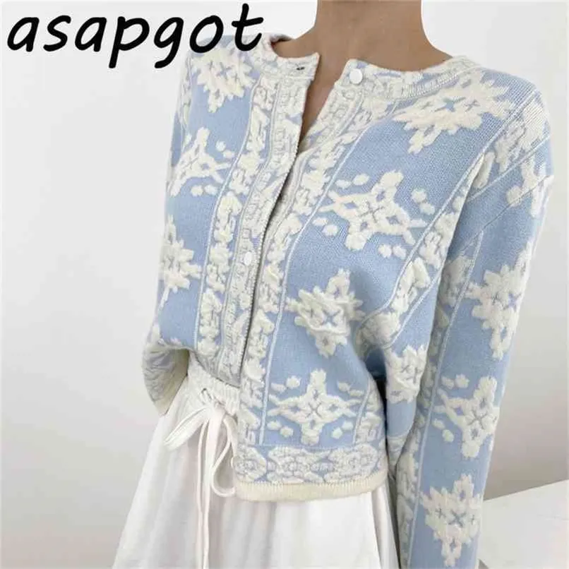 Asapgot Loose Blue O Neck Single Breasted Knit Cardigan Sweater Coat Broderi Floral Sweet Chic Fashion Retro Lazy Gentle Wild 210914