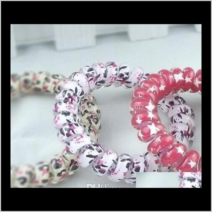 100pcs high quality random color leopard star hair rings telephone wire cord hair tie girls elastic hair band ring rope bracelet