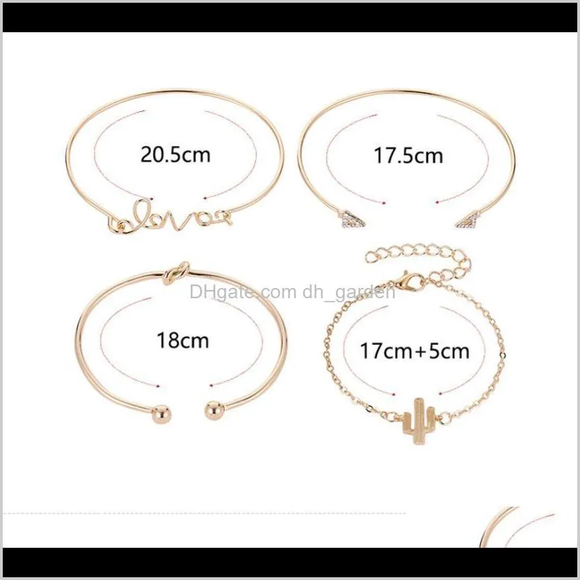 4pcs golden color girls bangles set love cactus crystal triangle bangle geometry design bracelet for women jewelry gifts