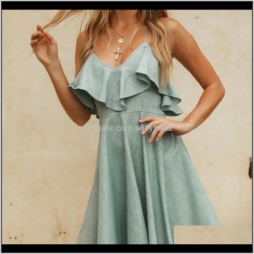 2020 women summer straps beach dress sexy v neck open back lace up ruffles mini dresses casual white dress vestidos