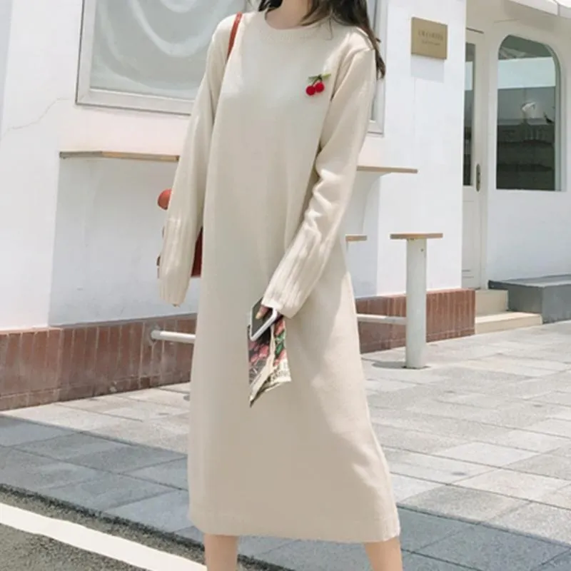 Casual Dresses Fall Winter 2021 Korea Fashion Straight Cherry Pendant Knitted Maxi Dress Loose Thick Long Sleeve Vestidos De Mujer