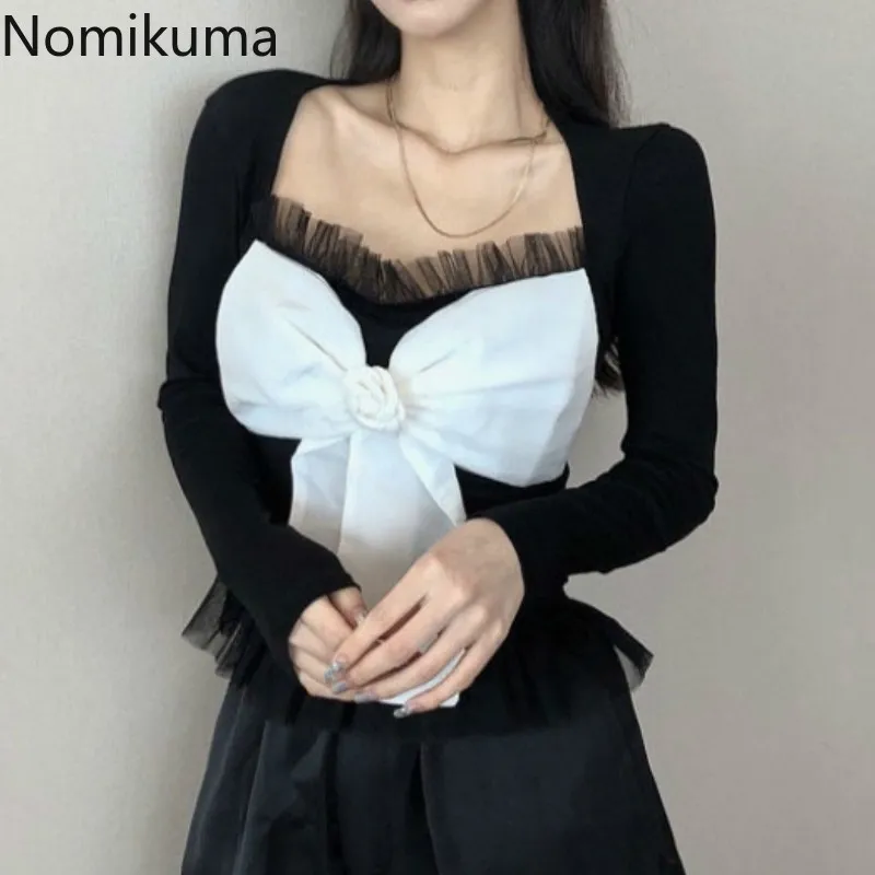 Nomikuma boog knoop ontwerp slanke shirts vrouwen blusa gaas patchwork lange mouw blouse contrast kleur herfst tops High Street 3D515 210514