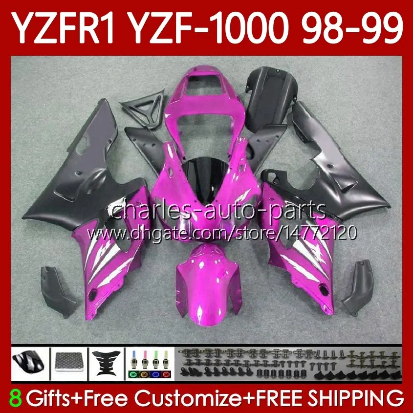 Kit de carrosserie pour YAMAHA YZF-1000 YZF-R1 YZF1000 YZFR1 98 99 00 01 Corps 82No.143 YZF R1 1000CC 1998-2001 YZF 1000 CC R 1 Rose Noir 1998 1999 2000 2001 Carénage de moto
