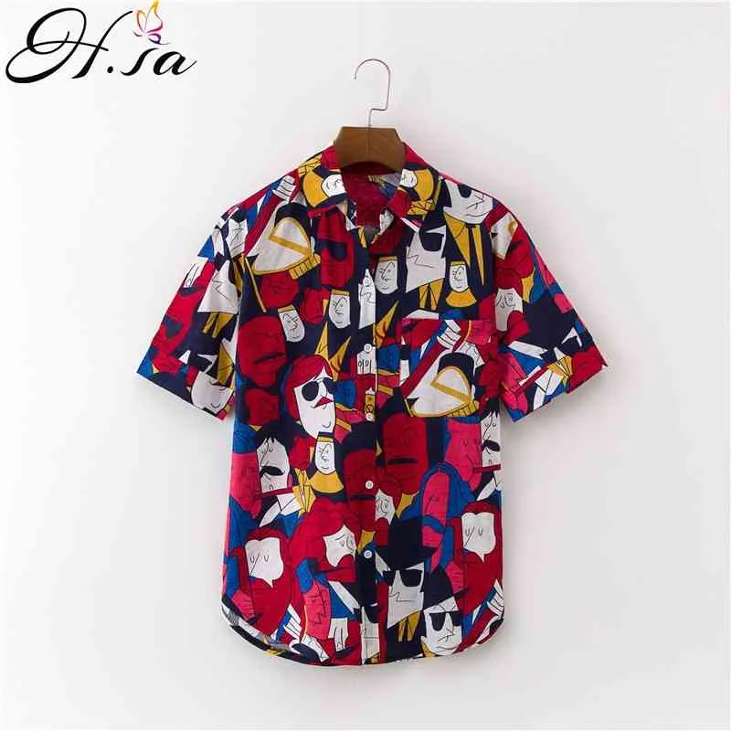 H.SA Women Chic and Tops Short Sleeve MEN Printed Streetwear Blouses Summer Casual Beach Shirts blouse 210417