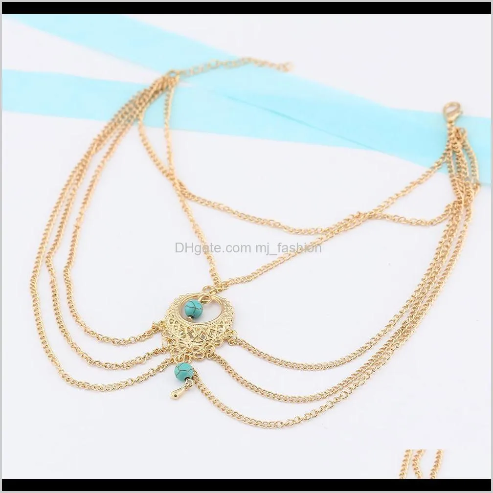 ethnic turquoise beads anklet hollow vintage multi-layer chic tassel foot chain ankle bracelet body jewelry beach fashion 1815