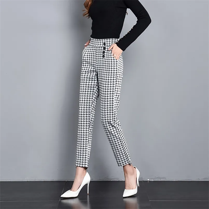 Pantalon à carreaux élégant Business Casual Femmes Pantalon taille haute Slim Femme Poches Work Wear Office Lady Plus Taille 210915