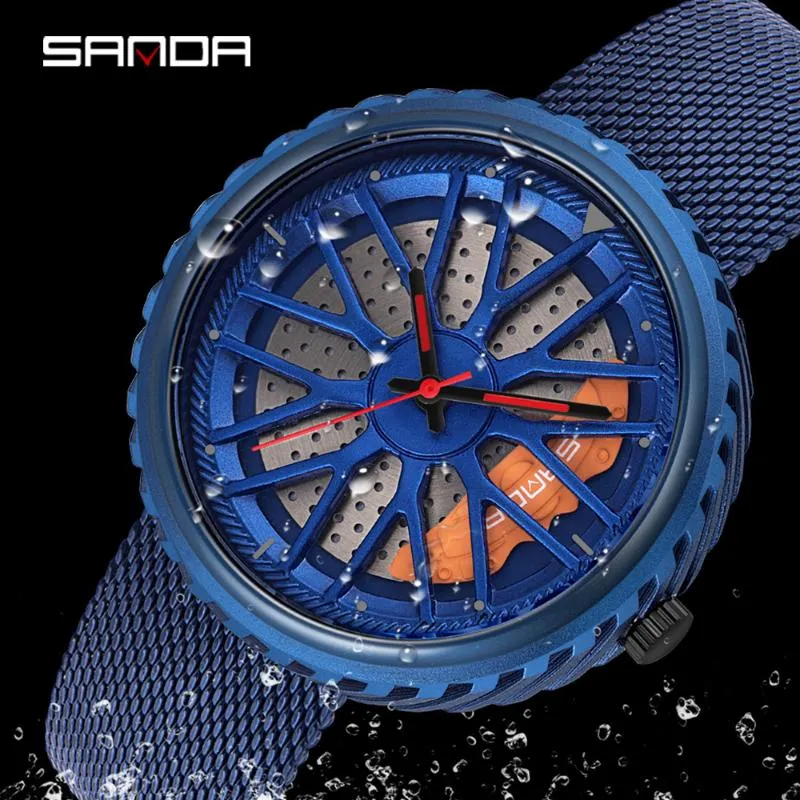 Наручные часы Мода Синий Клобковый Колес Циферблат Мужчины Часы Премиум Кварц Движение Милана Сетка Подарок Наручные Часы Relogio Masculino Sanda202