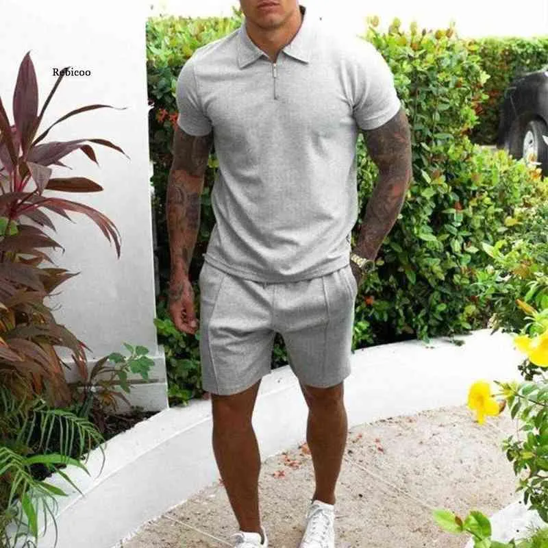 Sommer-Outfits für Herren, 2-teiliges Set, modische Kleidung, 2021, neuer Herren-Trainingsanzug, Jogginganzug, Stehkragen und Shorts, Baumwollstoff, schlank, H1210