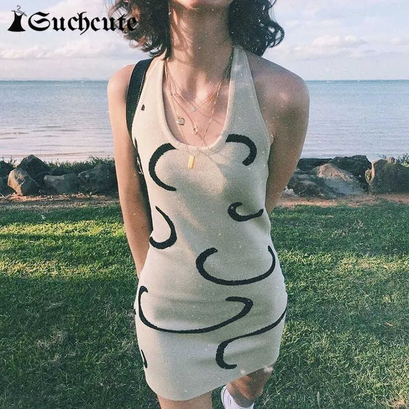 SUCHCUTE Vintage Knitted Halter Bodycon Mini Dress For Women Y2K Spring Summer Sexy Sleeveless Dresses Beach Vacation Wear Y0603