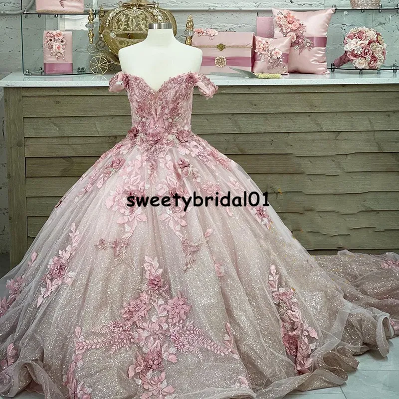 Princess Pink Ball Gown Quinceanera Dress Off Shoulder 3D Flowers Vestidos de 15 años 2021 Prom Dresses for Girl Party