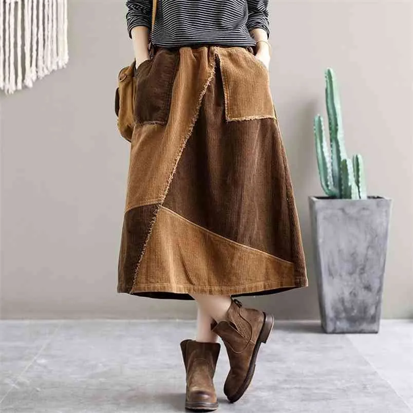 Autumn Arts Style Women Elastic Waist Casual A-line Skirt Patchwork Cotton Corduroy Vintage s Femme Long M289 210512