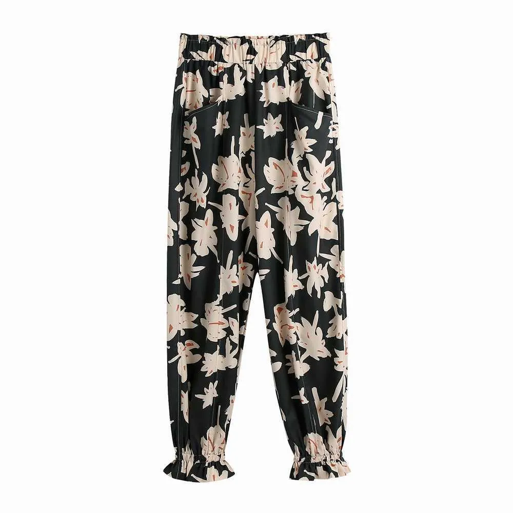 Mulheres vintage floral calça primavera moda elástico cintura tornozelo comprimento moderno senhora solta inferior 210602