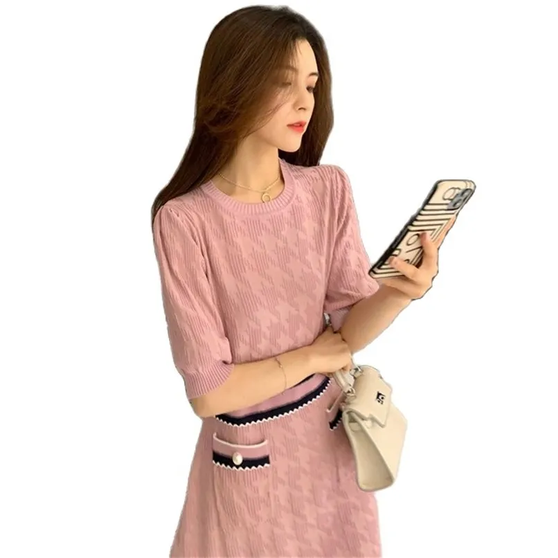 Abito elegante retrò femminile rosa girocollo vita gonna in maglia estate abbigliamento donna moda coreana 210520