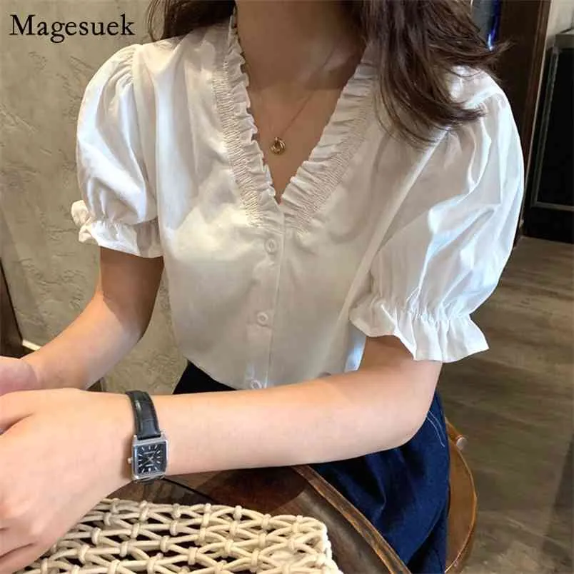 Sweet Woman's Shirts V-hals White Blusas Mujer Katoenen Dames Tops en Blouse Vintage Puff Sleeve Casual kleding 10278 210512