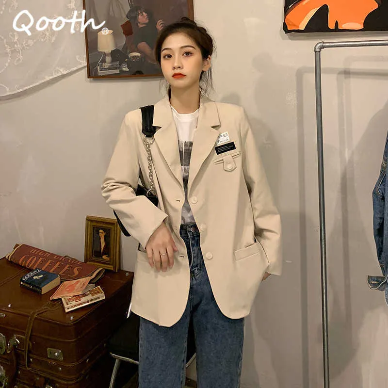 Qooth Solid Single Breasted Długim Rękawem Blazer Loose Causal Wiosna Jesień Wszystkie Dopasuj Biuro Pani z kieszeniami QT708 210609