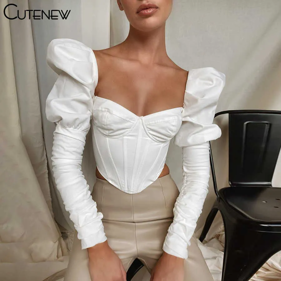 Cutnew Elegante Romântico Irregular Colhido Corset Top Mulheres Elegante Sof Slow Sleeve Crop Top Skinny Casual Streetwear Feminino Y0629