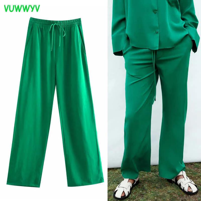 VUWWYV Za femmes pantalons vert jambe large taille haute pantalon femme décontracté 2021 fluide droit Y2K pantalons costumes été Streetwear Q0801