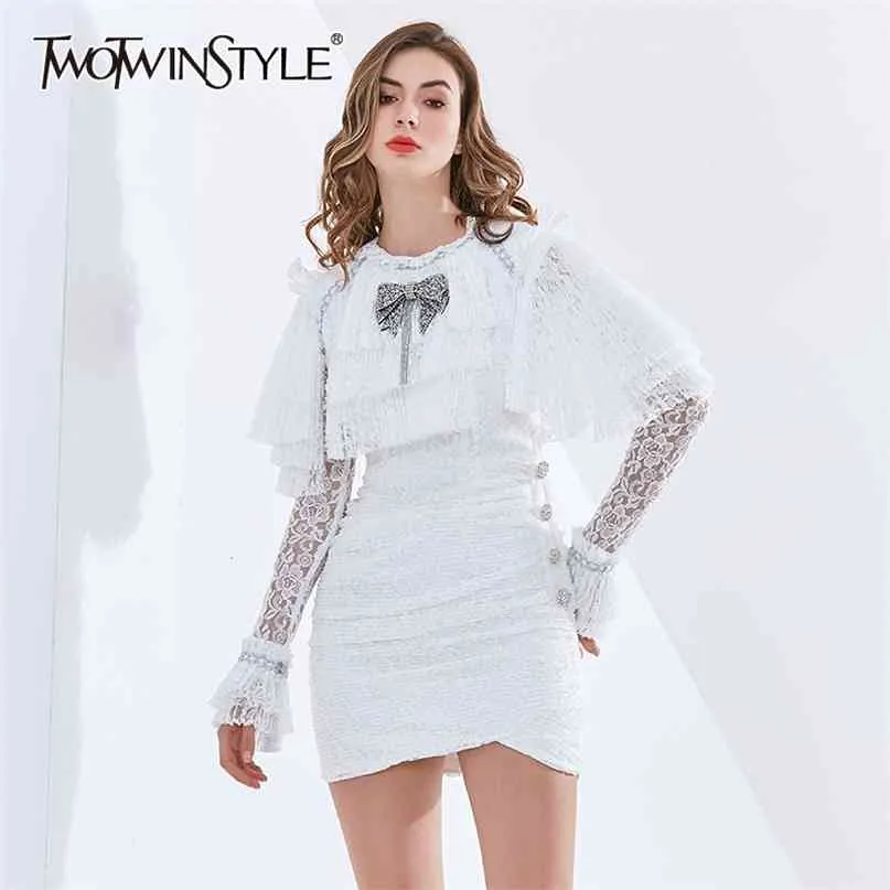 Elegant Lace White Dress For Women O Neck Flare Sleeve High Waist Patchwork Diamond Bowknot Dresses Female Fashion 210520