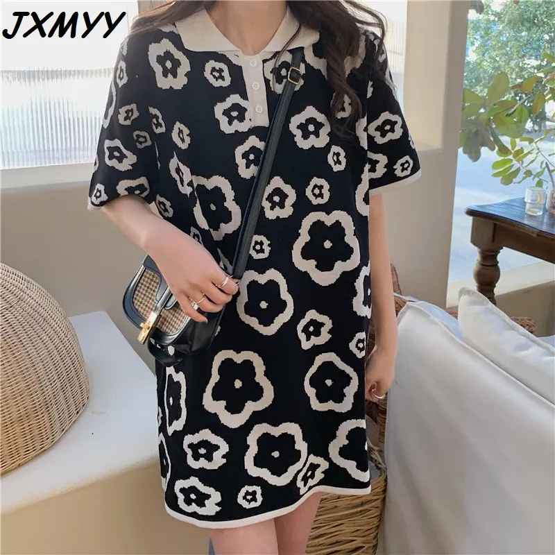 plus size women's summer doll collar polo shirt dress fat mm casual knitted short-sleeved t-shirt mid-length jxmyy 4XL 210412