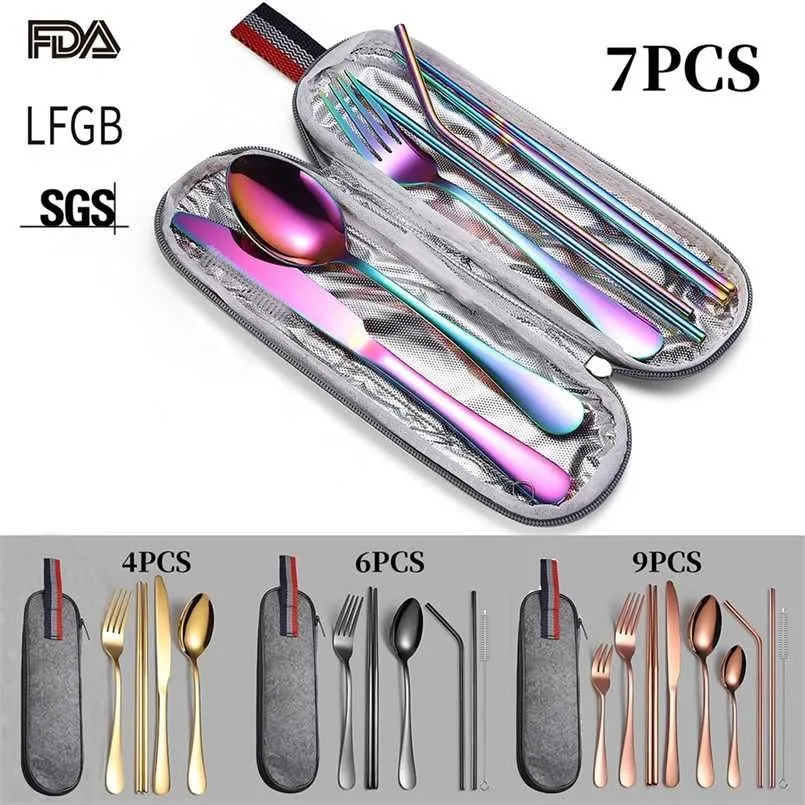 9 SZTUK / SET 304 Zestaw sztućców ze stali nierdzewnej Flatware z Case Reusable Travel Portable Coreware 211108