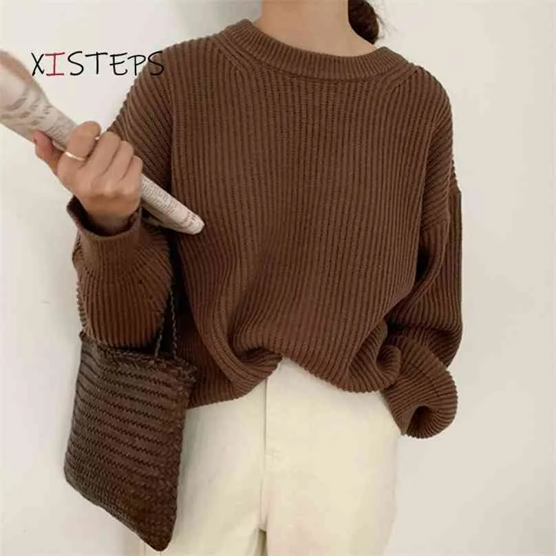 Oversized Loose Women Knitted Sweaters O-neck Long Sleeve Pullovers Vintage Ladies Jumpers Rose Green Knitwear Femme Pull 210918