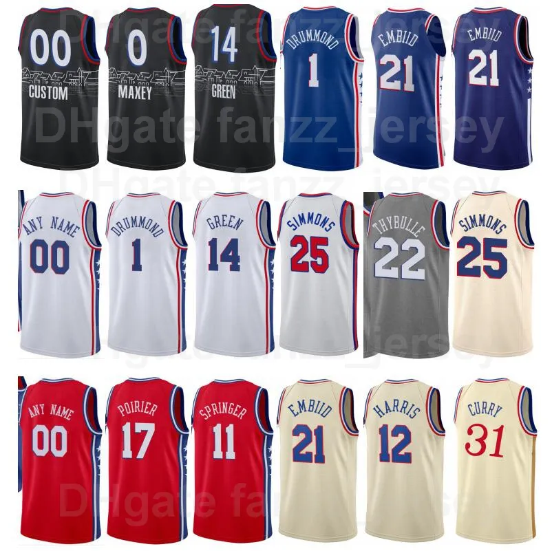 スクリーンプリントバスケットボールTobias Harris Jersey 12 Joel Embiid 21ベンシモンズ25 Seth Curry 31 Shake Milton 18 Furkan Korkmaz 30ブルーホワイトブラックベージュメンズ子供女性