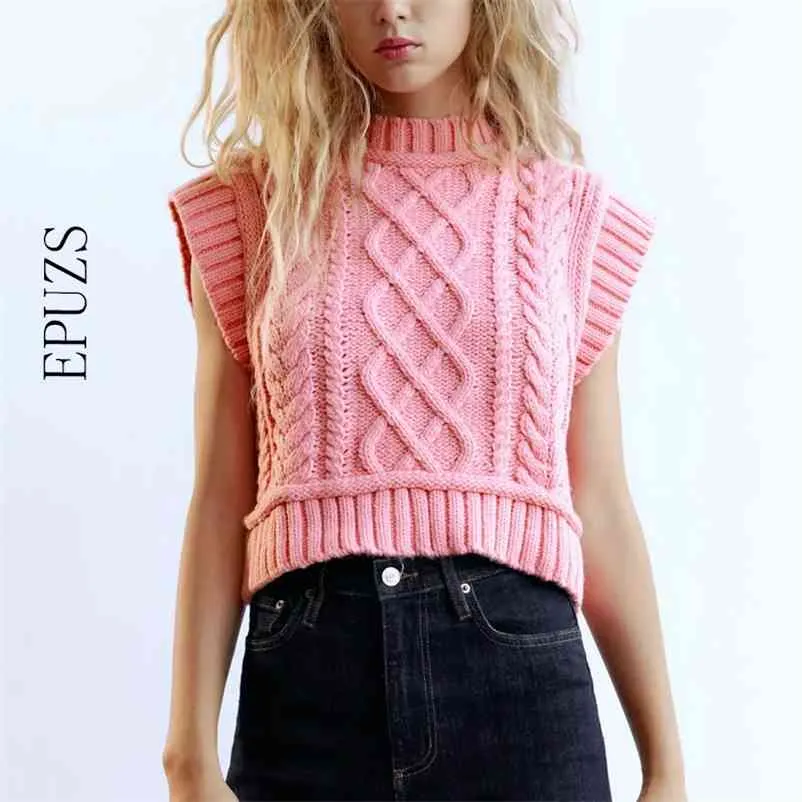 Sweet Cute Bez Rękawów Cropped Sweter Kobiety Kamizelka sweter Casual Turtleneck Knteed Korean Winter Topy 210521