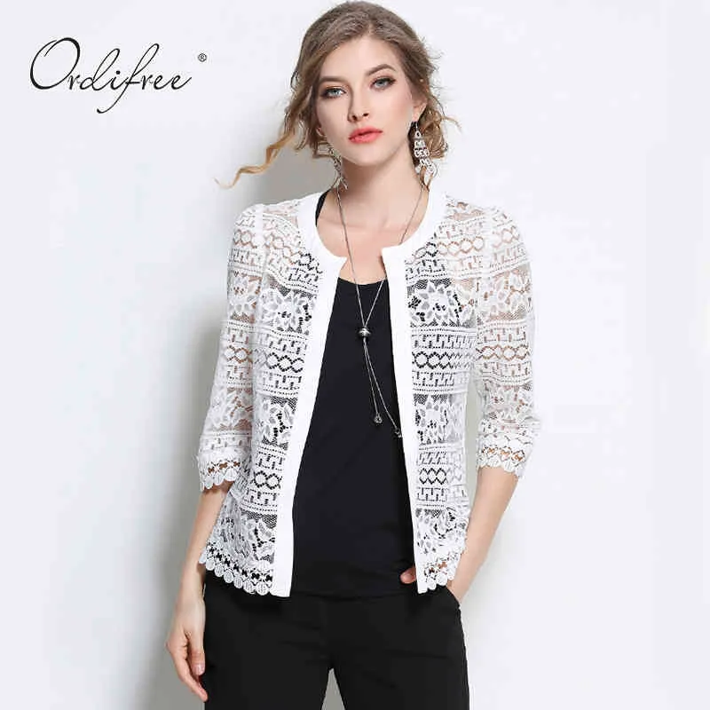 Plus Size Wome Roupa 5XL 4XL XXXL Senhoras Laço Branco Verão Cardigan Casaco Preto Crochet Sexy Blusa Feminina Camisa 210415