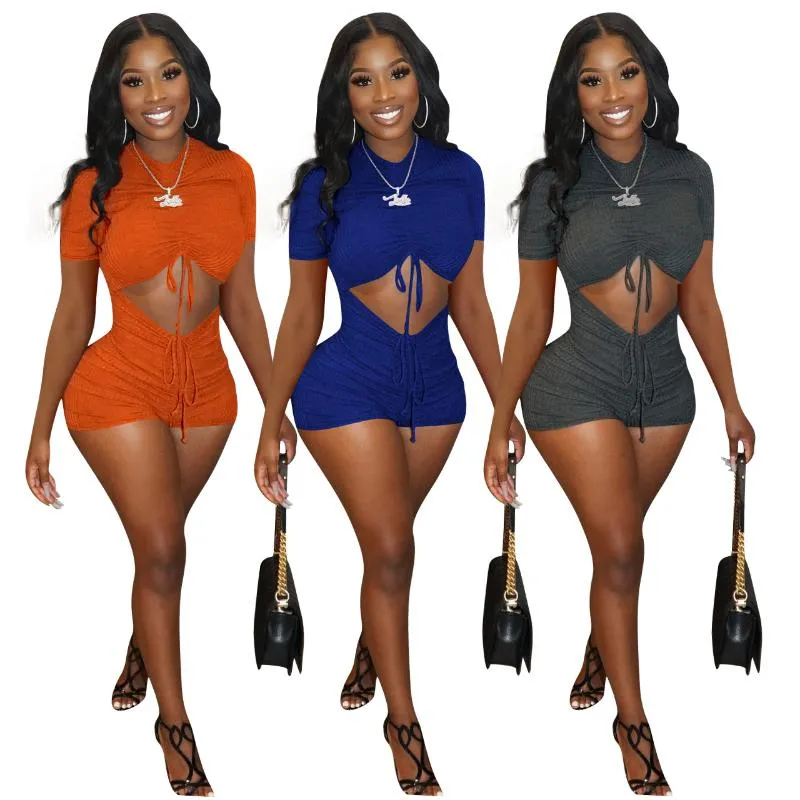 Women's Tracksuits One Piece Ribbed Drawsting Playsuit Kvinnor Sexig Bodycon Hollow Out Bodysuit Party Clubwear Outfits Skinny Fitness Rompers