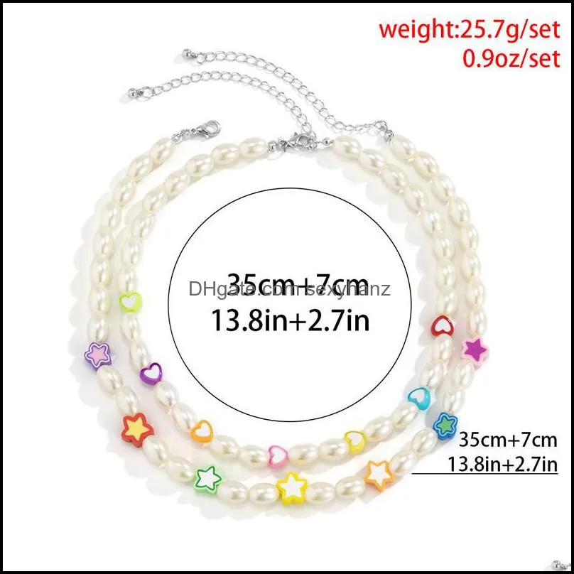 Yamog Heart Star Pearl Mixed Beaded Necklaces Women Acrylic Alloy Double Layer Beads Clavicle Chain For Female Vacation Beach Neck Jewelry Accessories