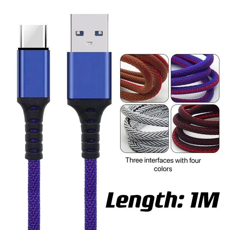 1m / 3ft Höghastighets Micro USB-typ C-kablar Laddningsdata Synkronisering Metal Telefon Adapter Tjocklek Stark flätad laddarekabel