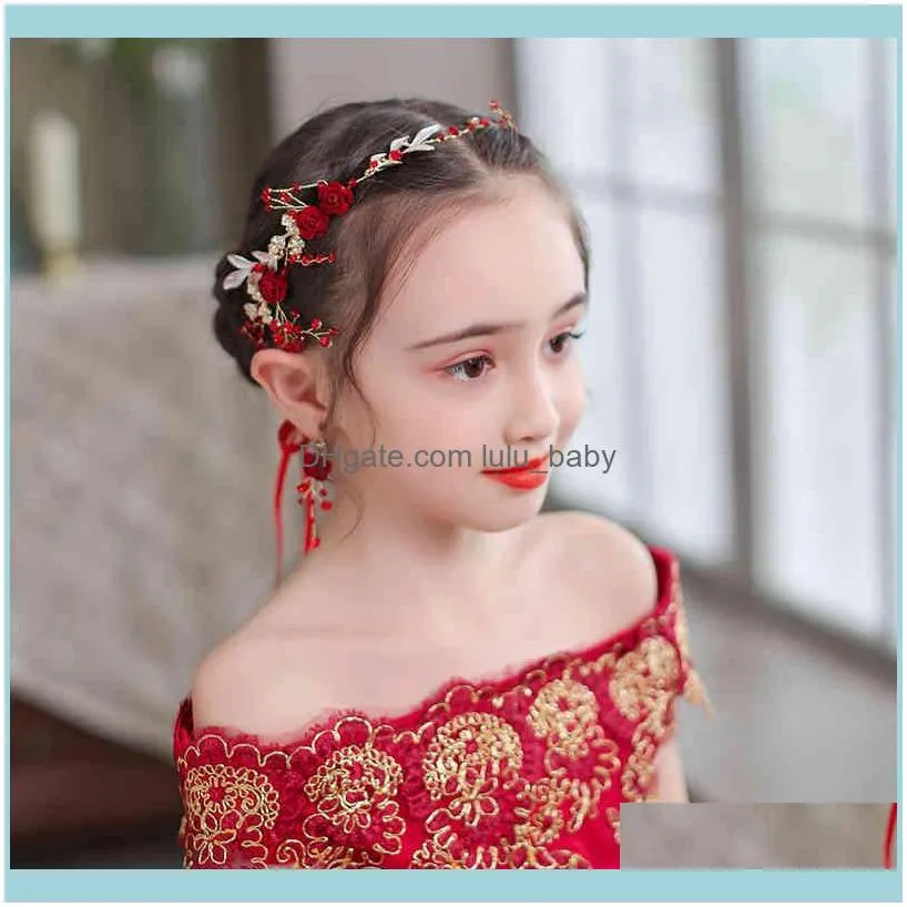 Baroque Vintage Gold Red Headbands For Kids Children Crystal Pearl Tiaras Hairbands With Earrings Women Bridemaid Hair Jewelry