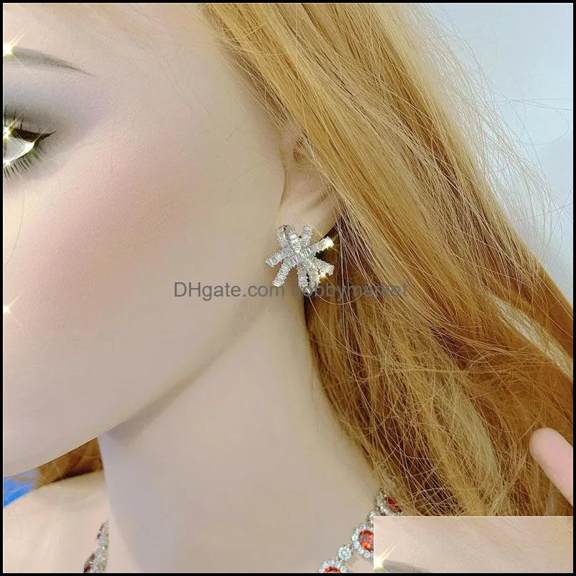 Anti-allergy shinning bowknot design lady stud earrings sweety fashionable Korean stylish jewelry trend 210323