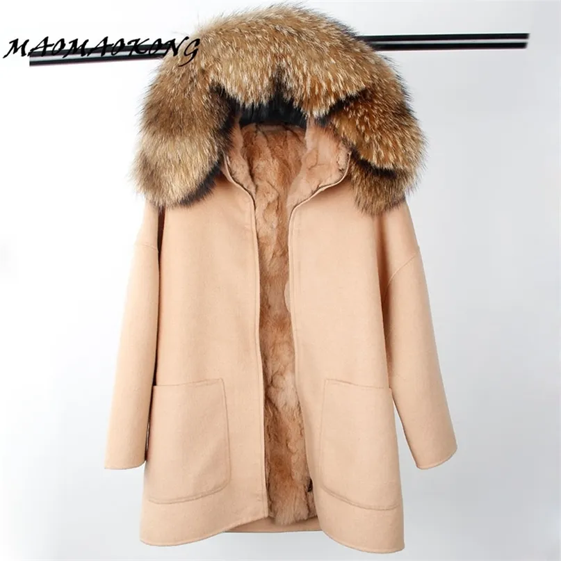 Winter Parka Wolle Kaschmir Mantel Frauen Pelz Jacke Mantel Kragen Mit Kapuze Rex Kaninchen Pelz liner Top Qualität 211110