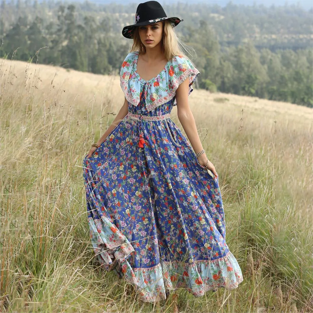 Jastie Summer Boho Dress Hippie Chic Floral Print Dresses Casual Beach Midi Sukienka Kobiety Odzież Bohemian Kobieta Vestidos 210419