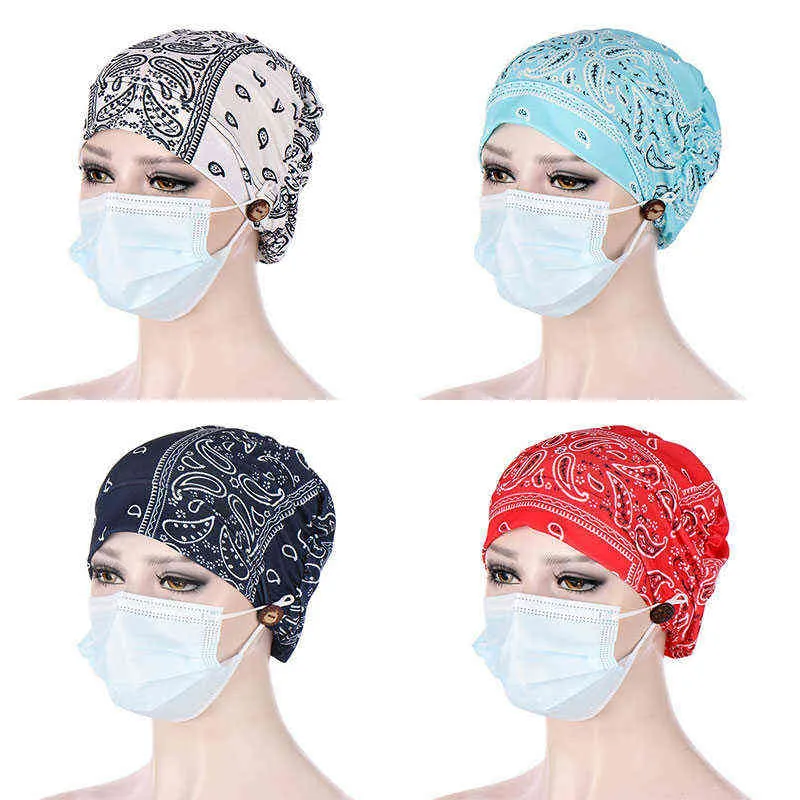 Button Imitation Small Cap Women Cashew Flower Bottoming Headscarf Cap Crystal Linen Multicolor Chemotherapy Hat Y21111