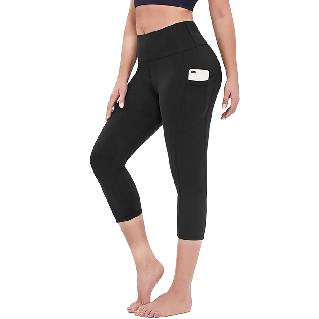 Women Stretch 3/4 Yoga Leggings Fitness Running Gym Sports Pockets Active Calf-length Pants Capri Pant High Waist Legginssoccer jersey