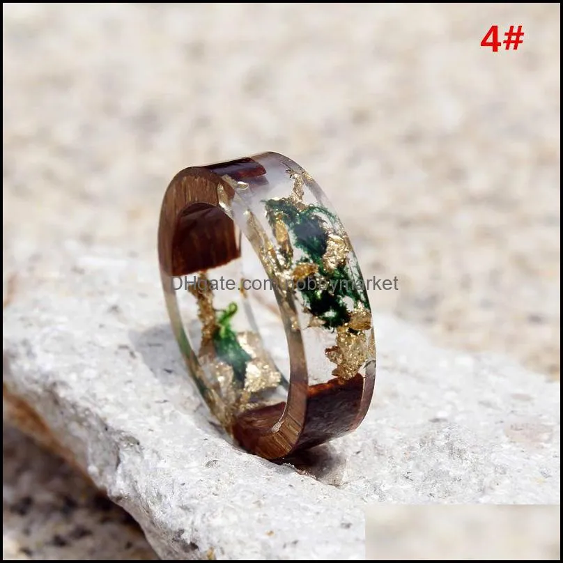 New Handmade Wood Resin Rings Gold foil Flowers Plants Inside Rings For women Men Fashion DIY Jewelry Gift