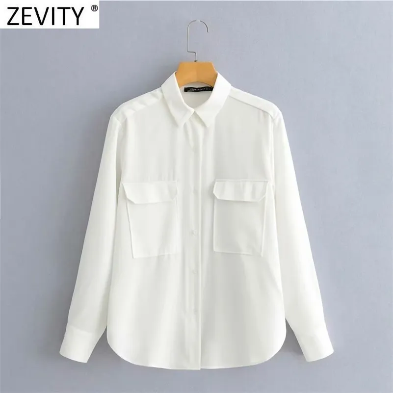 Vrouwen Simply Double Pocket Patch Business Shirt Office Lady Turn Collar Blouse Roupas Chic Chemise Tops LS9290 210416