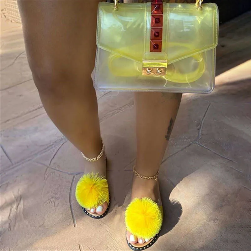 POM Terlik Kürklü Kadın Sandalet Ve Jöle Çanta Seti Rhinestone Düz Slaytlar Zapatos De Mujer Chausson Femme Pantuflas X0523