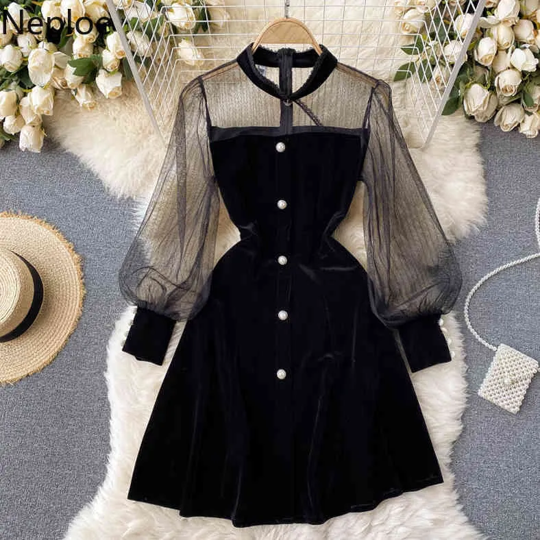 Neploe Vintage Woman Dressパッチワークガーゼフリルエレガントなvestidos o-neckランタンスリーブベルベット気質ドレス210422