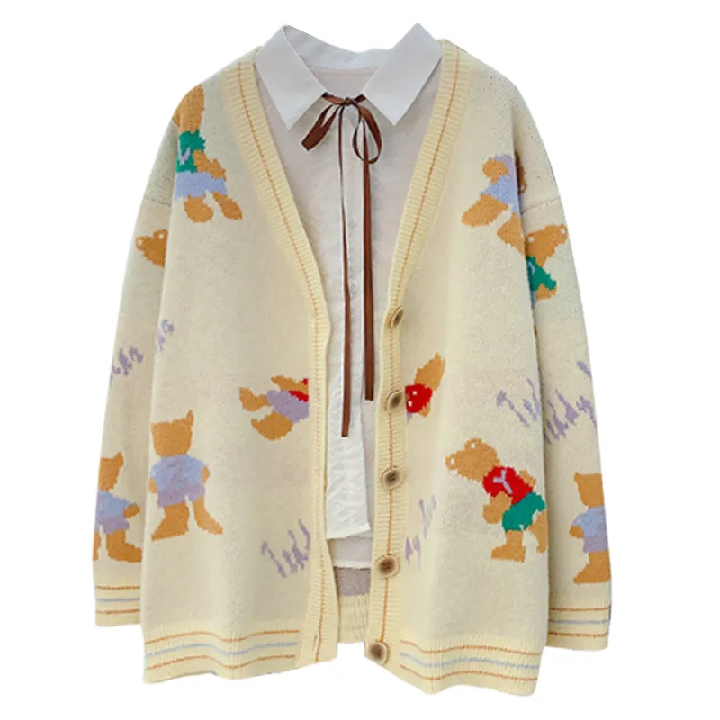 H.SA Mulheres Sweater e V Neck Bear Dos Desenhos Animados Bordado Solto Kntting Cardigans Bonito Coreano Knit Jacket 210417