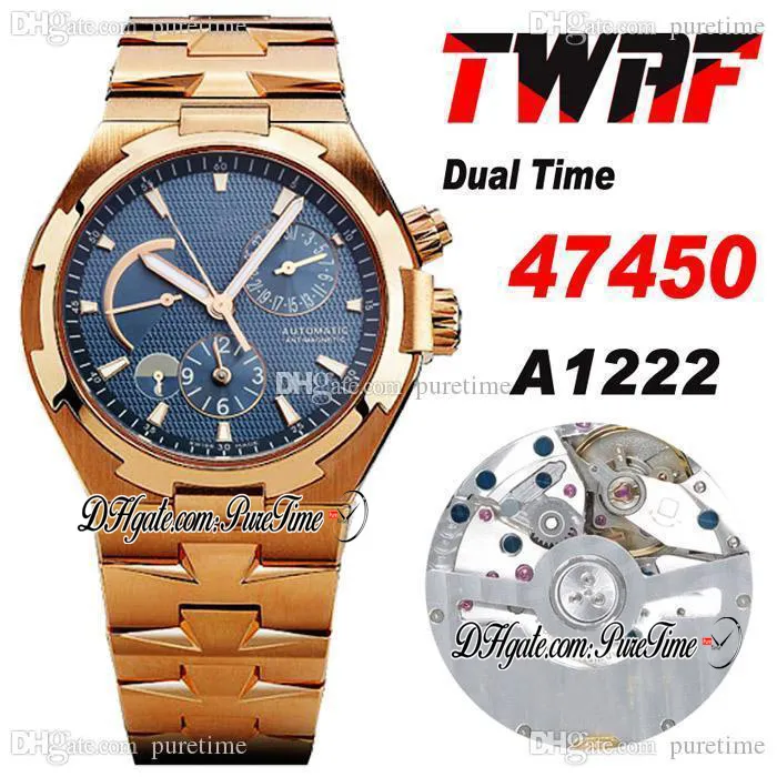 TWAF Overseas Dual Horário 47450 A1222 Mens Automático Assista 18k Rose Gold Power Reserve Azul Dial Stick Aço Inoxidável Pulseira Super Edição Relógios Puretime H8