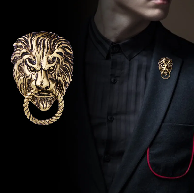 Rétro Animal tête de Lion broche mode hommes costume chemise col épingle aiguille Badge épinglettes et broches bijoux accessoires