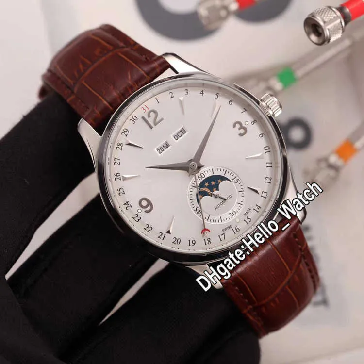 Designer Klockor Master Control Perpetual Calendar Q143344a Moon Phase Automatic Mens Watch White Dial Steel Wase Brown Leather Strap