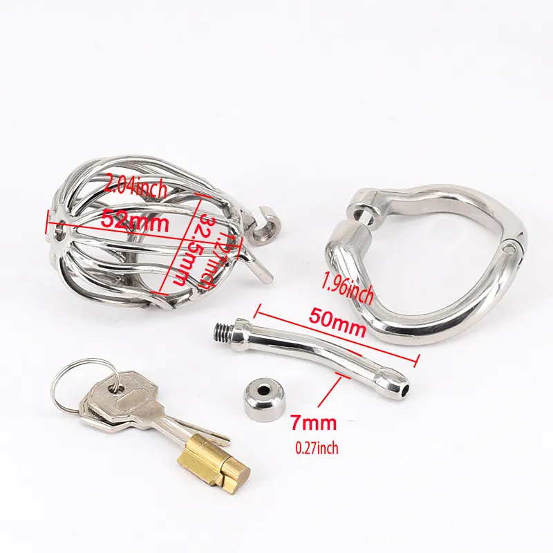 Stainless Steel Male Small Chastity Cage with Base Arc Ring Device Dilators  Tube