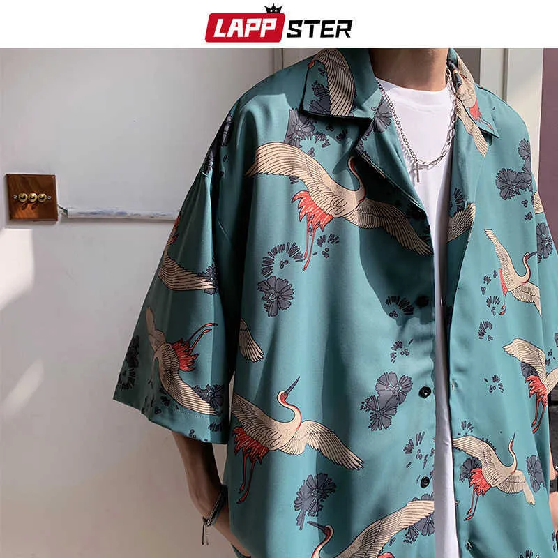 LAPPSTER Herren Crane Print Shirts Harajuku Sommer Vintage Button Up Kurzarm Männliche Koreanische Mode Glatte Blusen 210608