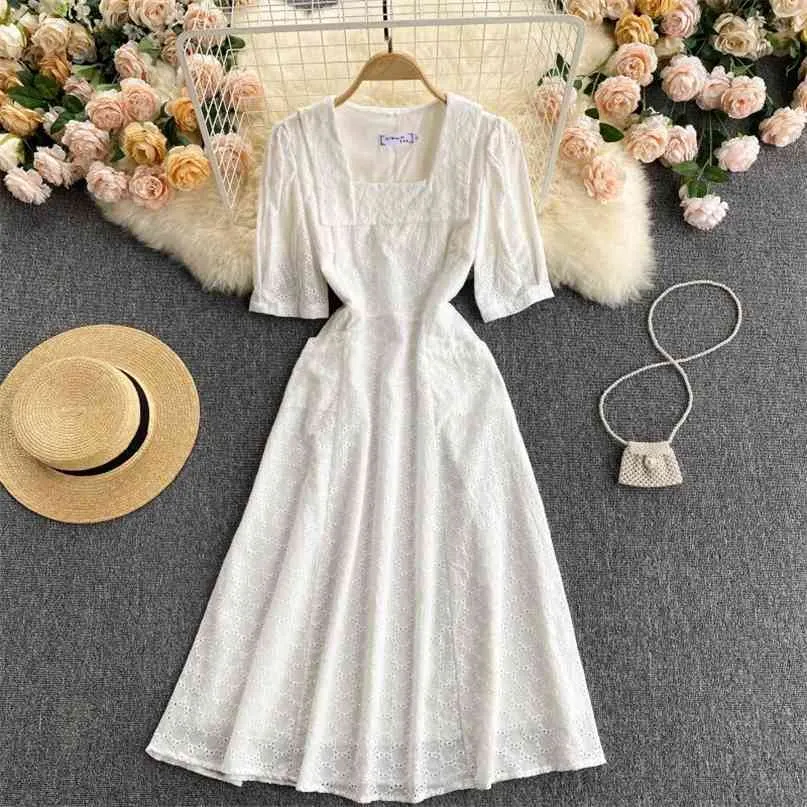 Femmes Mode Robe Blanche Col Carré Taille Haute Slim Manches Courtes Doux Été A-ligne Harajuku Vêtements Robes S308 210527