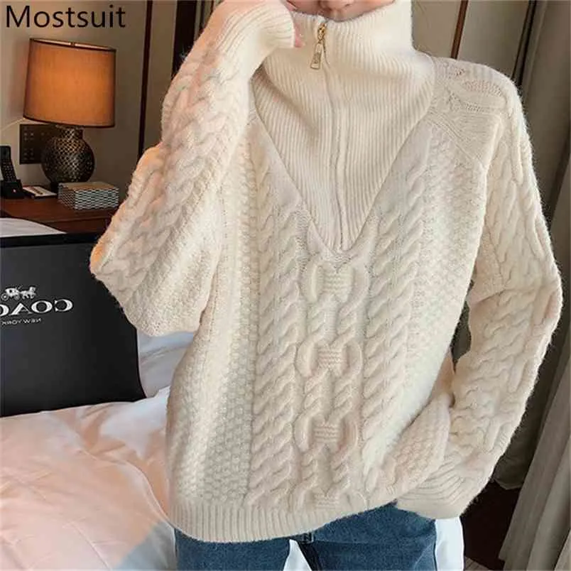 Twisted Knitted Zip-up Pullover Sweater Women Winter Thick Warm Korean Solid Loose Female Jumpers Tops Femme 210513