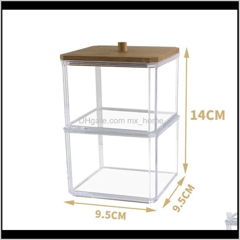 transparent organizer cotton swab storage box organizador acrylic +wood pad cosmetic plastic bathroom boxes & bins